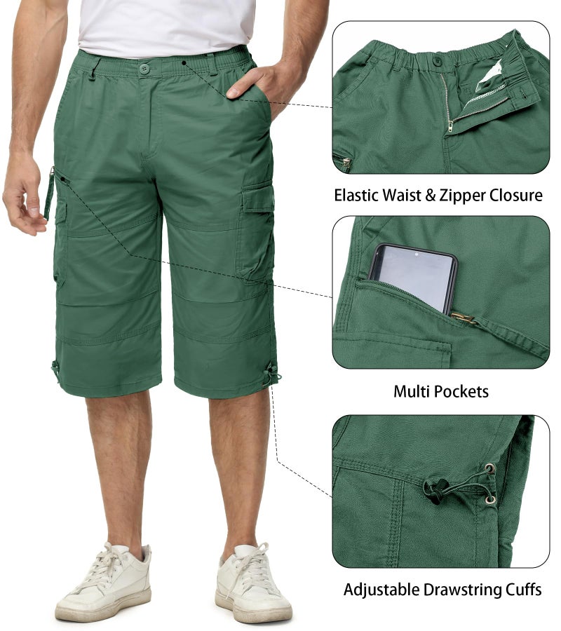 EKLENTSON Men's Shorts Pockets Relaxed Fit Stretch Waist Cargo Work Utility Shorts for Men Casual Capris for Men, Pea Green, 32 - Image 4