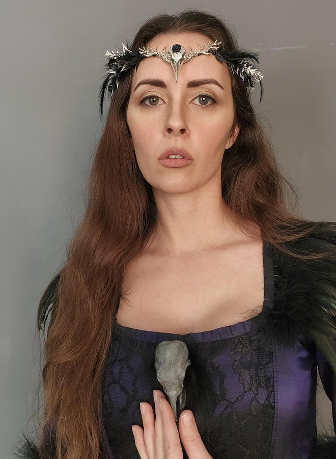 MOSTORY Handmade Black Raven Feather Crown - Gothic Elf Circlet with Raven Skull Dark Moon Tiara for Women Girls Halloween Cosplay Renaissance Wedding Witch Sorcerer Photo Shoot - Image 2