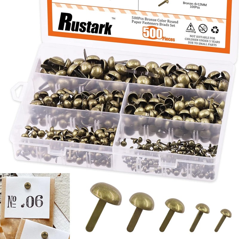 Rustark 500PCS 5 Sizes Bronze Paper Fasteners Round Brads Assortment Kit Mushroom Head Brass Metal Brads Scrapbooking Decorative Paper Crafts School DIY Art Project Supplies - Image 1