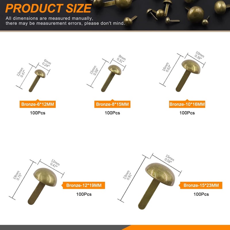 Rustark 500PCS 5 Sizes Bronze Paper Fasteners Round Brads Assortment Kit Mushroom Head Brass Metal Brads Scrapbooking Decorative Paper Crafts School DIY Art Project Supplies - Image 2