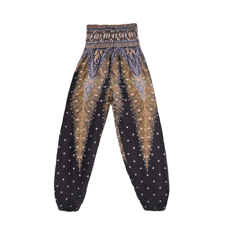 Bohemian Thai Lantern Yoga Pants Womens Summer CasualPeacock Black H00106 Peacock Black H00106 