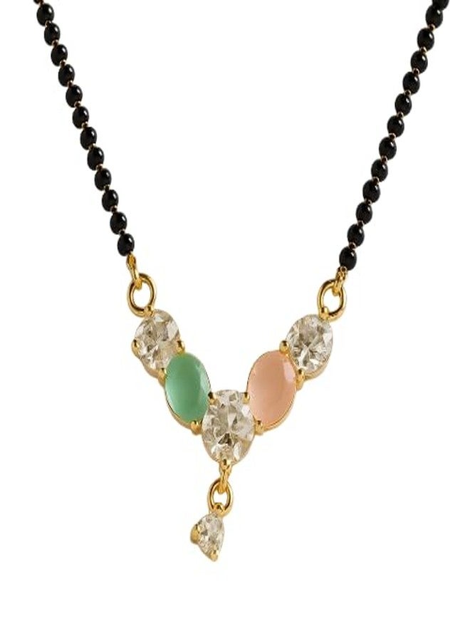 Bhumi Creation Traditional Gold-Plated Crystal Mangalsutra Necklace, Black Beaded Chain, Mint Green and Peach Stones, 45 cm - Image 1
