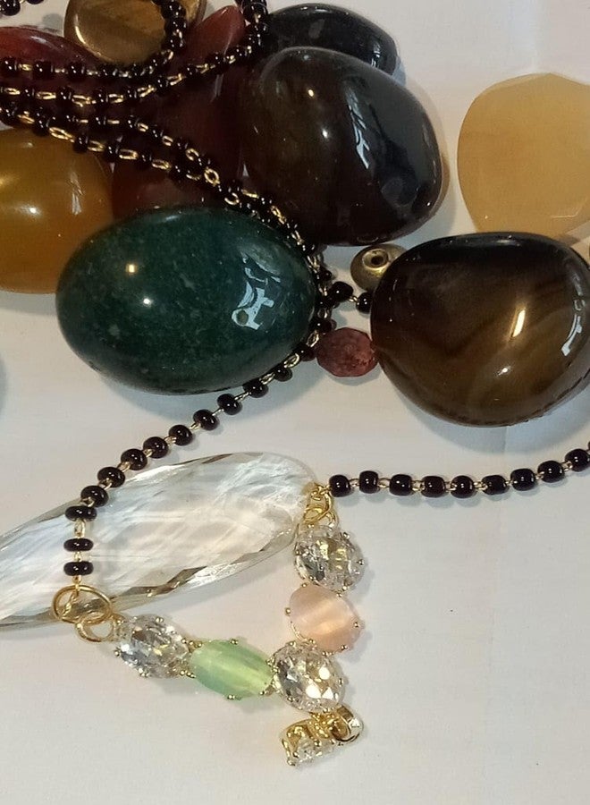 Bhumi Creation Traditional Gold-Plated Crystal Mangalsutra Necklace, Black Beaded Chain, Mint Green and Peach Stones, 45 cm - Image 3