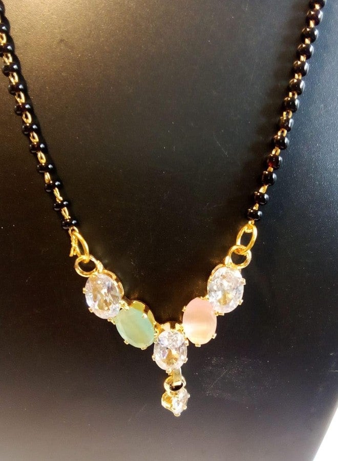 Bhumi Creation Traditional Gold-Plated Crystal Mangalsutra Necklace, Black Beaded Chain, Mint Green and Peach Stones, 45 cm - Image 4