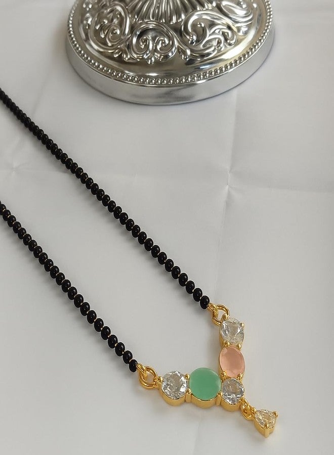 Bhumi Creation Traditional Gold-Plated Crystal Mangalsutra Necklace, Black Beaded Chain, Mint Green and Peach Stones, 45 cm - Image 2