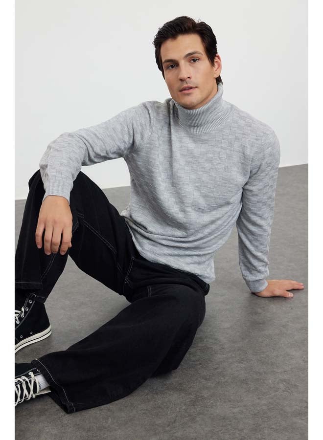 trendyol Gray Men's Turtleneck Textured Knitwear Sweater - Image 1