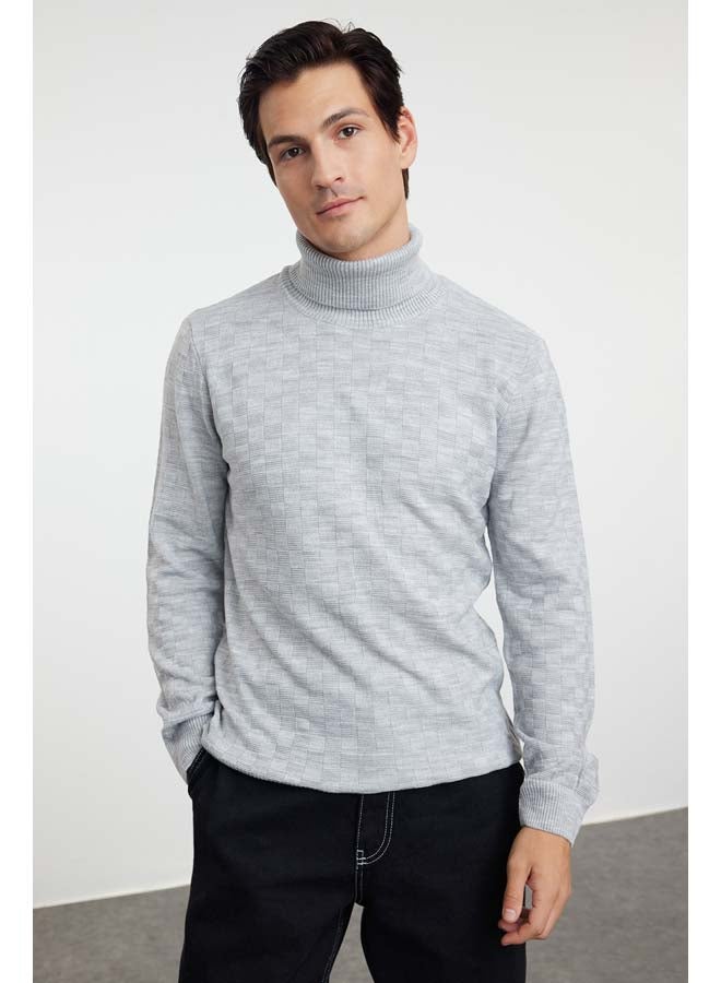 trendyol Gray Men's Turtleneck Textured Knitwear Sweater - Image 2