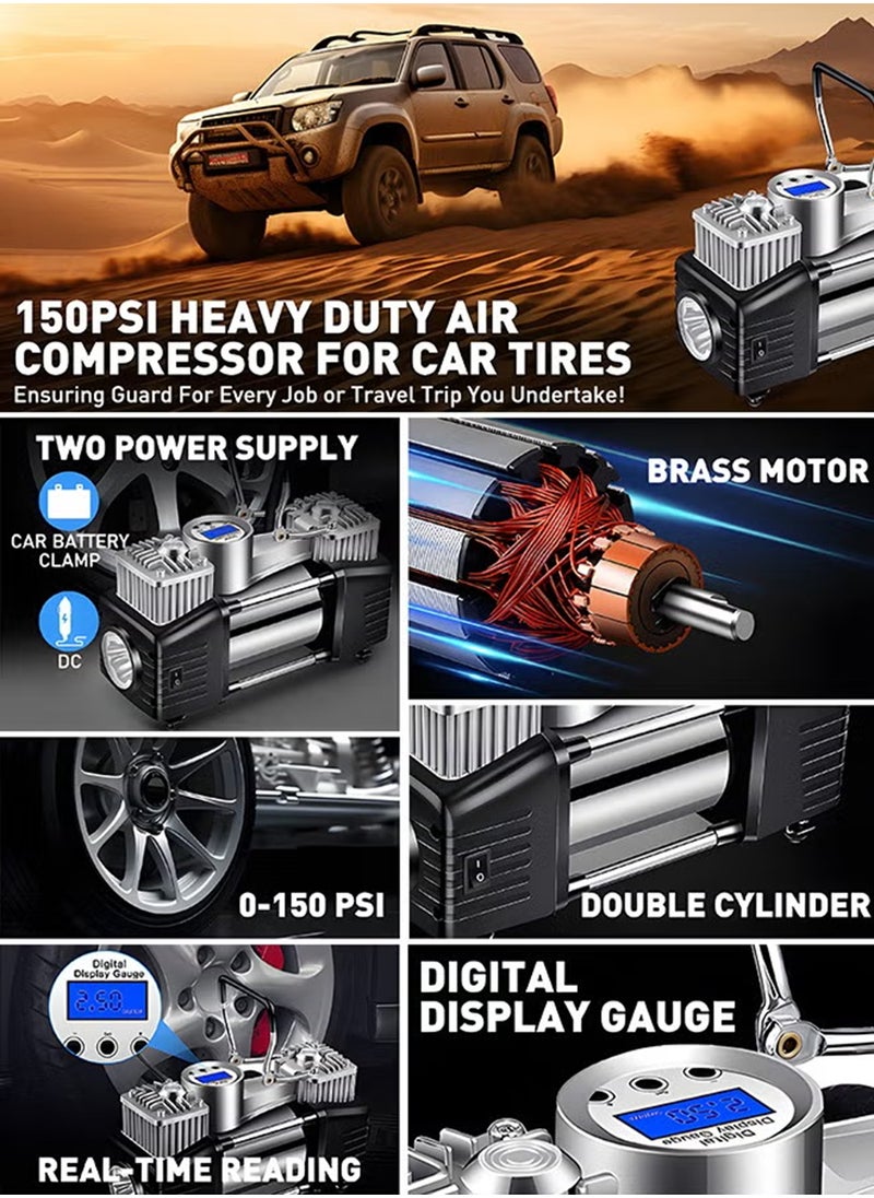 EzzySo Heavy Duty Double 30mm Cylinder Tyre Inflator , Portable Air Compressor for Car, 150 PSI Tyre Air Pump with LED Light, Digital Pressure Gauge Tire Inflator - Professional for SUV, Off-Road, Trucks  - Image 2
