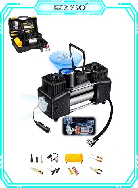 Heavy Duty Double 30mm Cylinder Tyre Inflator , Portable Air Compressor for Car, 150 PSI Tyre Air Pump with LED Light, Digital Pressure Gauge Tire Inflator - Professional for SUV, Off-Road, Trucks