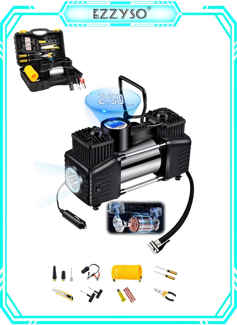 EzzySo Heavy Duty Double 30mm Cylinder Tyre Inflator , Portable Air Compressor for Car, 150 PSI Tyre Air Pump with LED Light, Digital Pressure Gauge Tire Inflator - Professional for SUV, Off-Road, Trucks  - Image 1