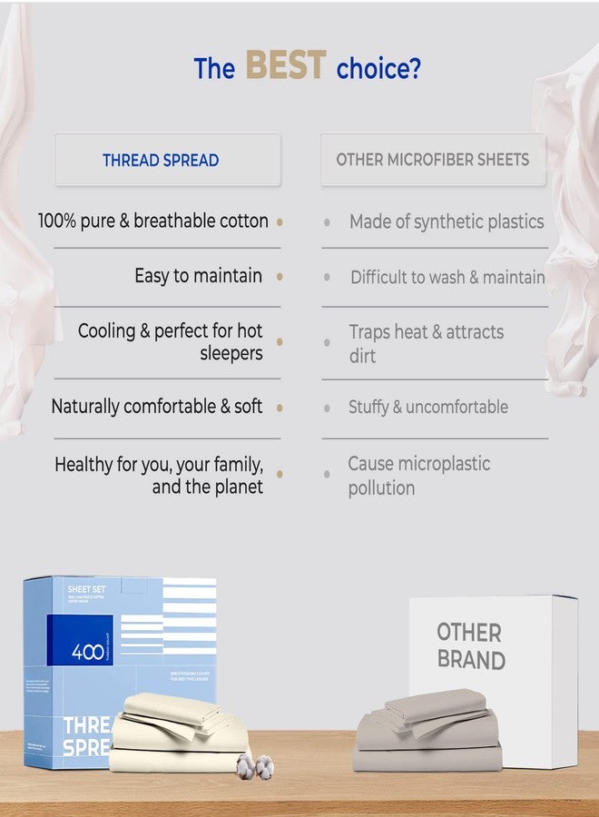 THREAD SPREAD 100% Cotton Full Size Sheets Set - 400 Thread Count 4 Piece Cotton Sheet Set - Soft, Breathable Cooling Sheets - Deep Pocket Full Size Cotton Bedsheets - Sateen Weave Bedsheet (Ivory) - Image 5