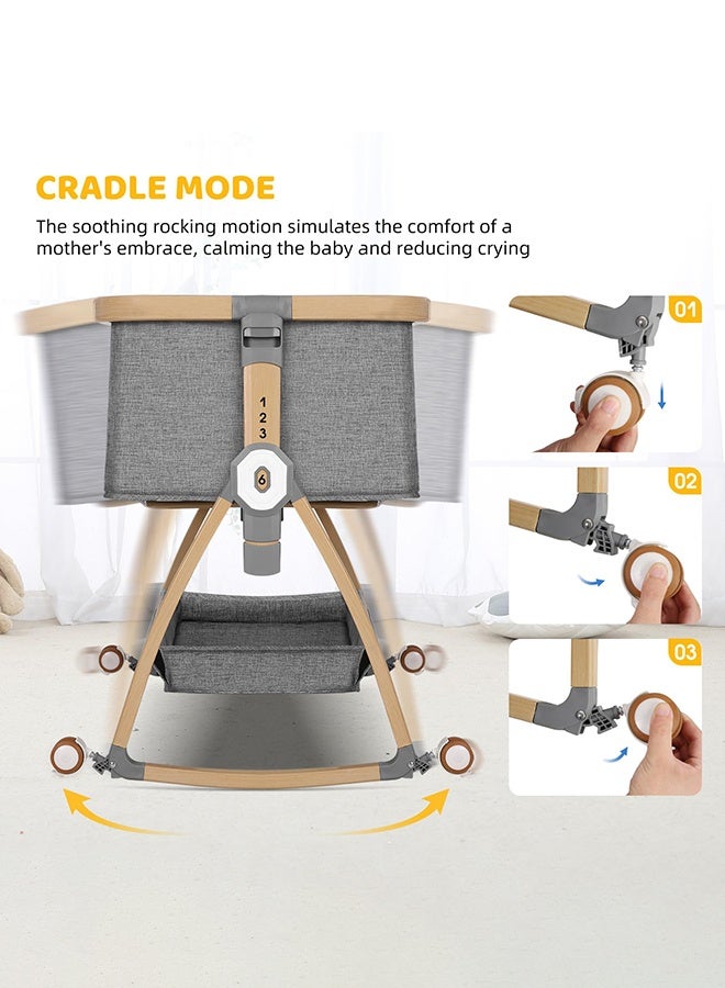 والالا سرير أطفال، سرير أطفال بجانب السرير، سرير أطفال محمول 4 في 1 مع عجلات وناموسية ومرتبة وسلة تخزين، سرير أطفال مع محطة تغيير، سرير أطفال هزاز قابل للتعديل بـ 6 ارتفاعات للمولود الجديد (رمادي) - Image 5