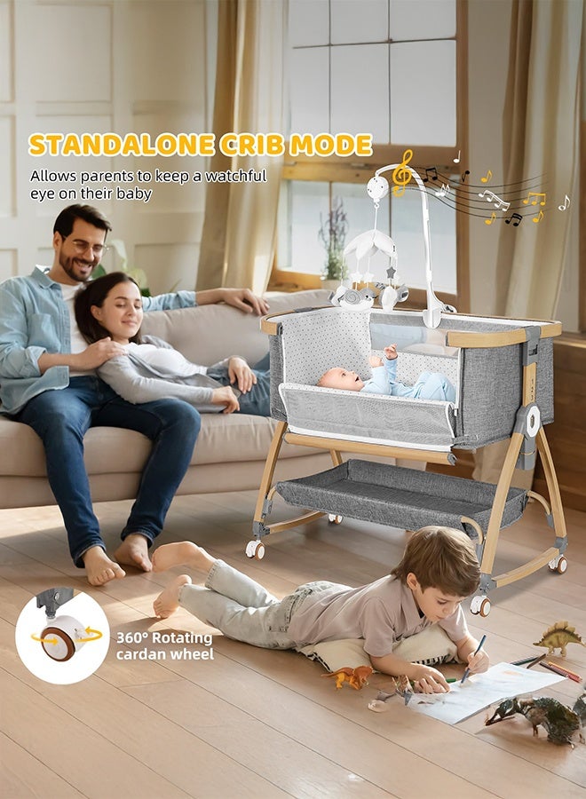 والالا سرير أطفال، سرير أطفال بجانب السرير، سرير أطفال محمول 4 في 1 مع عجلات وناموسية ومرتبة وسلة تخزين، سرير أطفال مع محطة تغيير، سرير أطفال هزاز قابل للتعديل بـ 6 ارتفاعات للمولود الجديد (رمادي) - Image 4