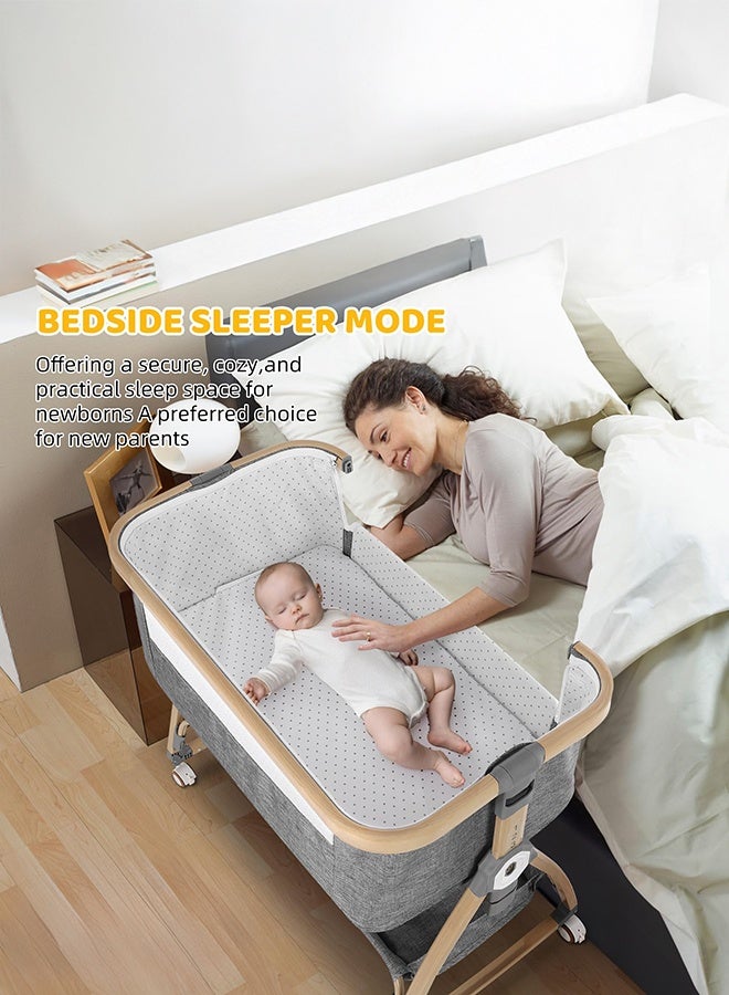 والالا سرير أطفال، سرير أطفال بجانب السرير، سرير أطفال محمول 4 في 1 مع عجلات وناموسية ومرتبة وسلة تخزين، سرير أطفال مع محطة تغيير، سرير أطفال هزاز قابل للتعديل بـ 6 ارتفاعات للمولود الجديد (رمادي) - Image 3