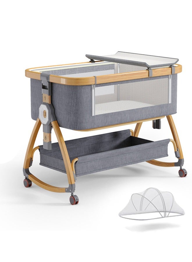 والالا سرير أطفال، سرير أطفال بجانب السرير، سرير أطفال محمول 4 في 1 مع عجلات وناموسية ومرتبة وسلة تخزين، سرير أطفال مع محطة تغيير، سرير أطفال هزاز قابل للتعديل بـ 6 ارتفاعات للمولود الجديد (رمادي) - Image 1