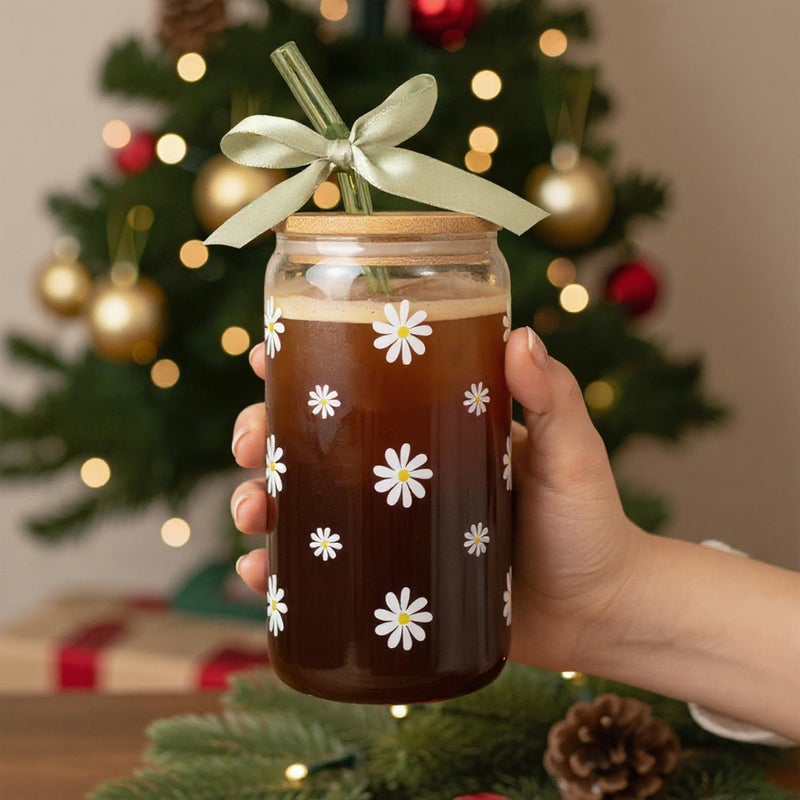 KMCCUMBER Cute Glass Matcha Cup with Lids and Straws, Teen Girl Birthday Gifts Daisy Iced Coffee Cups, Sage Green Aesthetic Mug Tumbler for Mothers Day Christmas Valentines Coffee Lover 16oz - Image 3