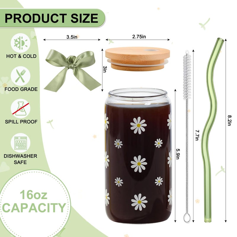 KMCCUMBER Cute Glass Matcha Cup with Lids and Straws, Teen Girl Birthday Gifts Daisy Iced Coffee Cups, Sage Green Aesthetic Mug Tumbler for Mothers Day Christmas Valentines Coffee Lover 16oz - Image 4