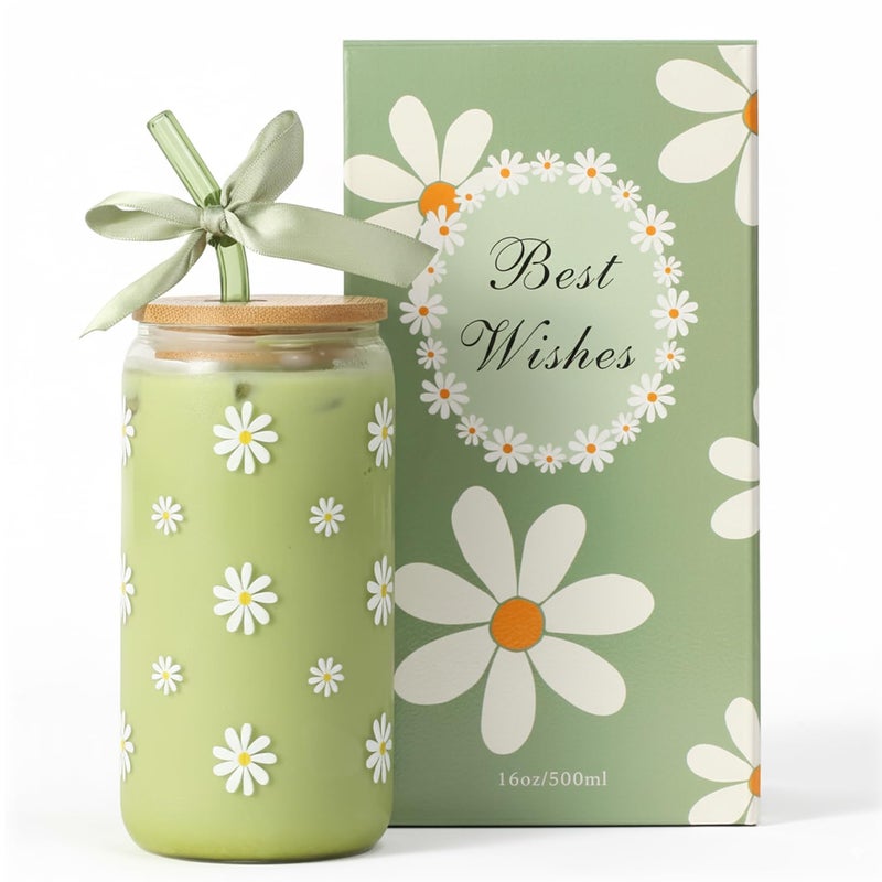 KMCCUMBER Cute Glass Matcha Cup with Lids and Straws, Teen Girl Birthday Gifts Daisy Iced Coffee Cups, Sage Green Aesthetic Mug Tumbler for Mothers Day Christmas Valentines Coffee Lover 16oz - Image 1