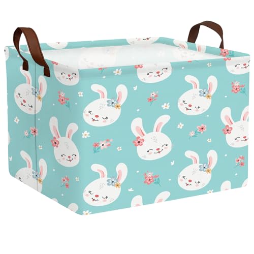 NIETEIN Kid Large Empty Easter Basket Gift Personalized Fabric Bunny Easter Basket for Boy and Girl Room Decor Storage Bin (Happy Rabbit Flower Blue)