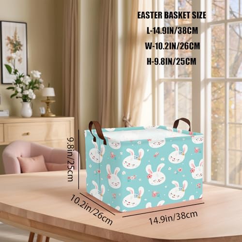 NIETEIN Kid Large Empty Easter Basket Gift Personalized Fabric Bunny Easter Basket for Boy and Girl Room Decor Storage Bin (Happy Rabbit Flower Blue) - Image 3