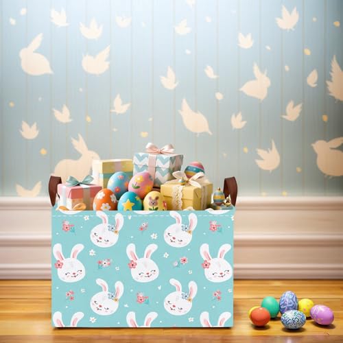 NIETEIN Kid Large Empty Easter Basket Gift Personalized Fabric Bunny Easter Basket for Boy and Girl Room Decor Storage Bin (Happy Rabbit Flower Blue) - Image 4