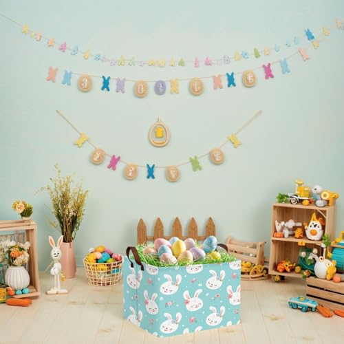 NIETEIN Kid Large Empty Easter Basket Gift Personalized Fabric Bunny Easter Basket for Boy and Girl Room Decor Storage Bin (Happy Rabbit Flower Blue) - Image 5