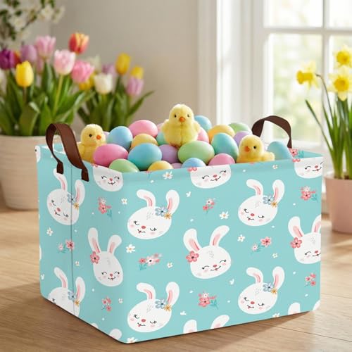 NIETEIN Kid Large Empty Easter Basket Gift Personalized Fabric Bunny Easter Basket for Boy and Girl Room Decor Storage Bin (Happy Rabbit Flower Blue) - Image 2