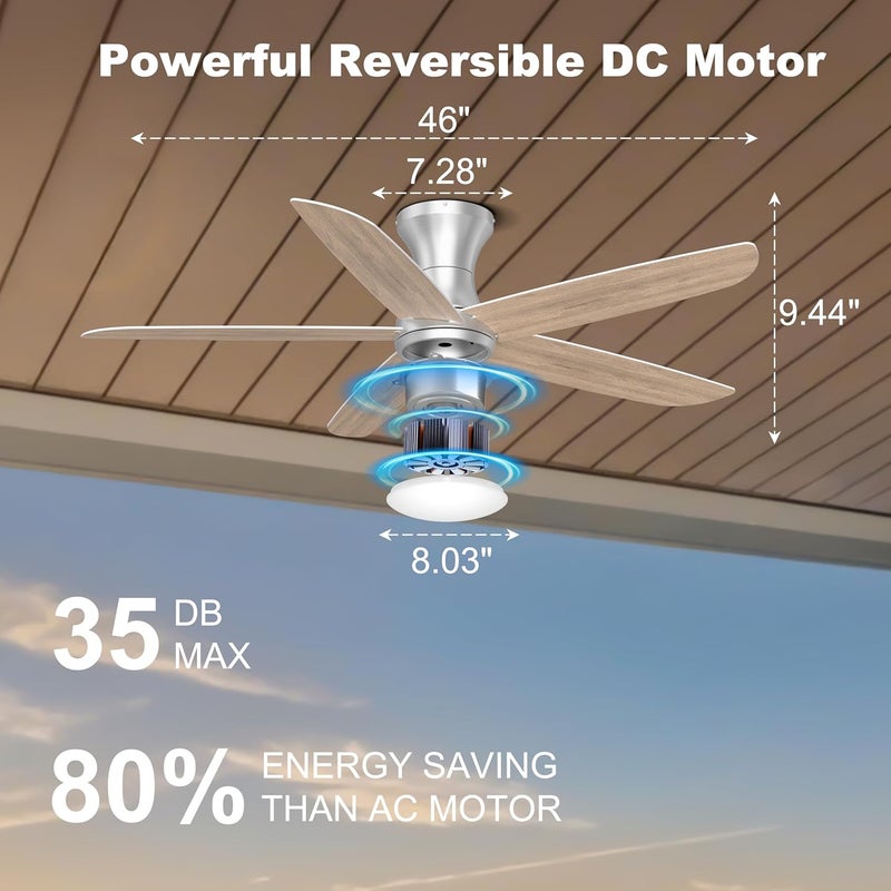 Ohniyou 46'' Ceiling Fan with Lights, Low Profile Ceiling Fans Remote/APP Control - Dimmable, Silent DC Motor, Modern Ceiling Fan for Bedroom Living Room, Silver - Image 2