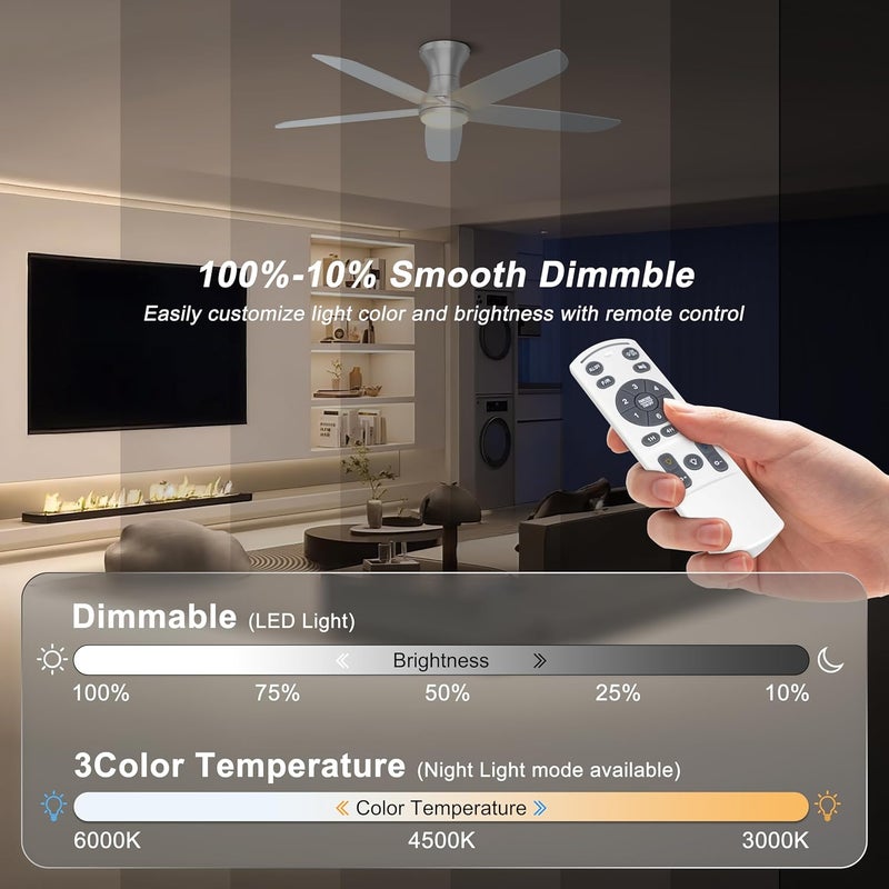 Ohniyou 46'' Ceiling Fan with Lights, Low Profile Ceiling Fans Remote/APP Control - Dimmable, Silent DC Motor, Modern Ceiling Fan for Bedroom Living Room, Silver - Image 5