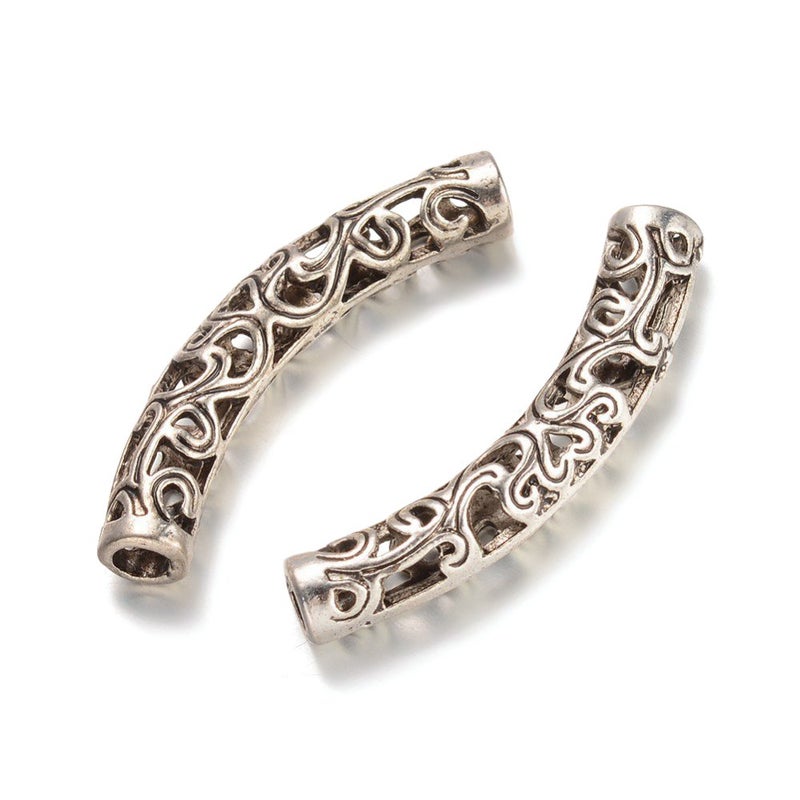 KISSITTY 100Piece Antique Silver 6mm by 365mm Filigree Long Curved Noodle Tube Spacer Beads with 3mm Holes