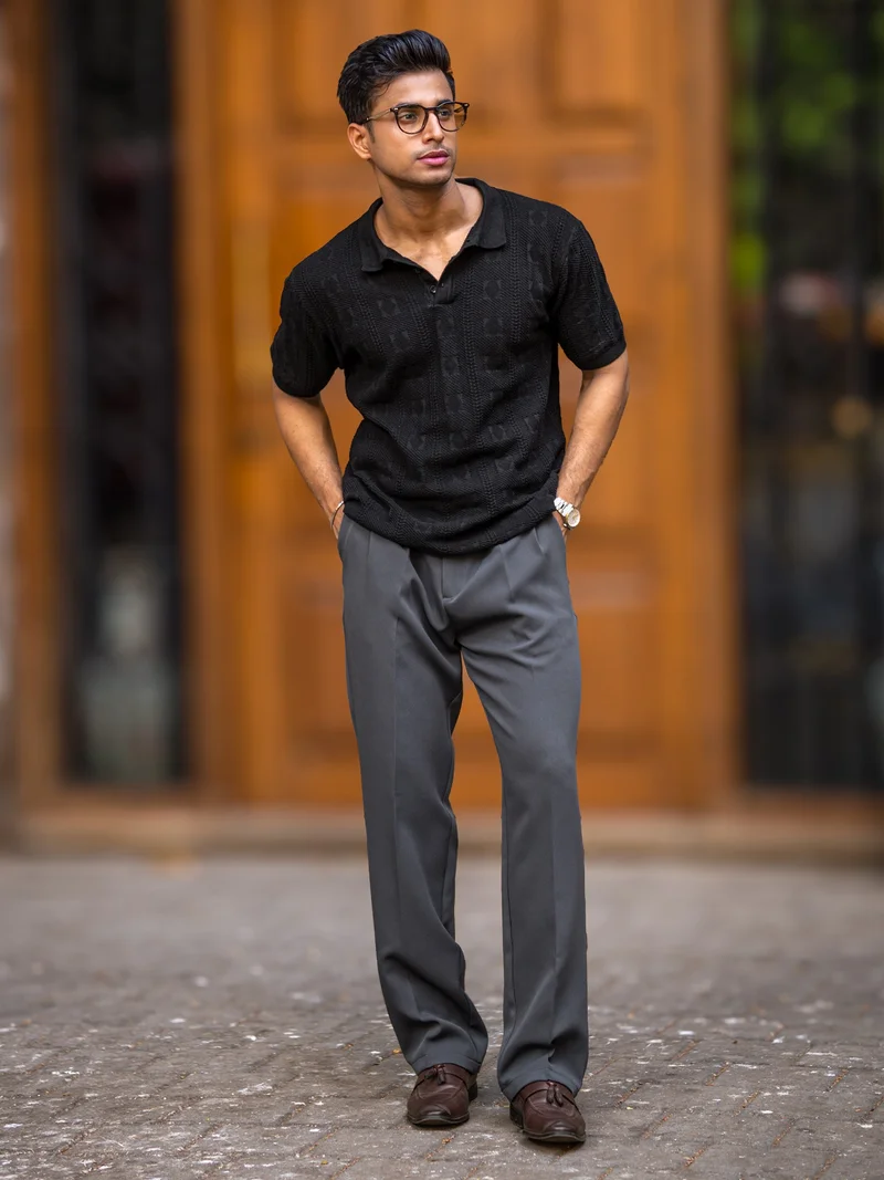 Maniac Maniac Mens Emerald Textured Black Polo Neck Half Sleeve Cotton Tshirt
