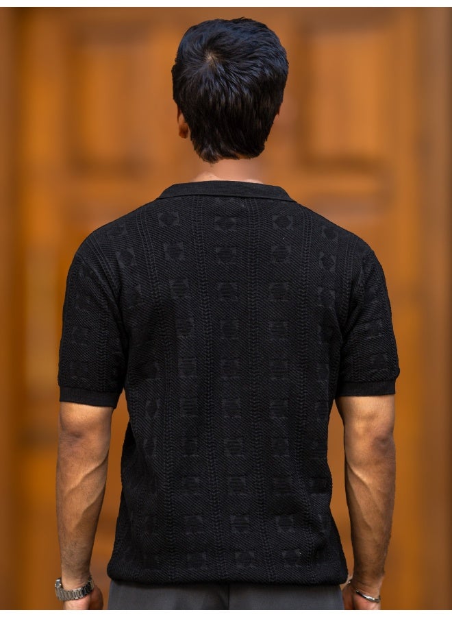 Maniac Maniac Mens Emerald Textured Black Polo Neck Half Sleeve Cotton Tshirt  - Image 5