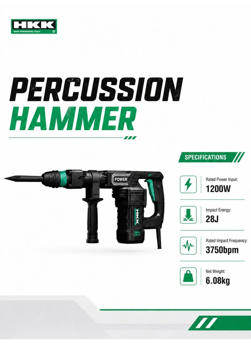 HKK Percussion Hammer 1200W Heavy Duty Demolition Drill, 28J Impact Energy, 3750bpm Impact Frequency, 6.08kg Electric Rotary Hammer with Auxiliary Handle for Concrete & Masonry - Image 4
