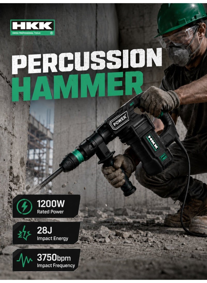 HKK Percussion Hammer 1200W Heavy Duty Demolition Drill, 28J Impact Energy, 3750bpm Impact Frequency, 6.08kg Electric Rotary Hammer with Auxiliary Handle for Concrete & Masonry - Image 5