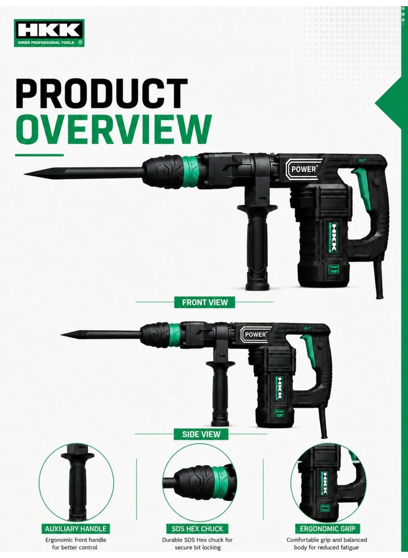 HKK Percussion Hammer 1200W Heavy Duty Demolition Drill, 28J Impact Energy, 3750bpm Impact Frequency, 6.08kg Electric Rotary Hammer with Auxiliary Handle for Concrete & Masonry - Image 2