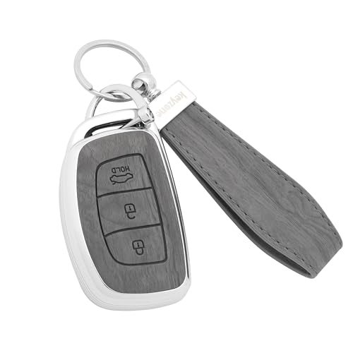 keyzone Woodgrain TPU Key Cover & Keychain for Hyundai Exter, Creta, i20, Aura, Xcent, Tucson, Elantra, Verna, Grand i10 3 Button Smart Key (Oak Grey) - Image 1
