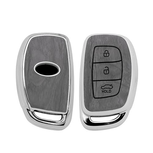 keyzone Woodgrain TPU Key Cover & Keychain for Hyundai Exter, Creta, i20, Aura, Xcent, Tucson, Elantra, Verna, Grand i10 3 Button Smart Key (Oak Grey) - Image 2