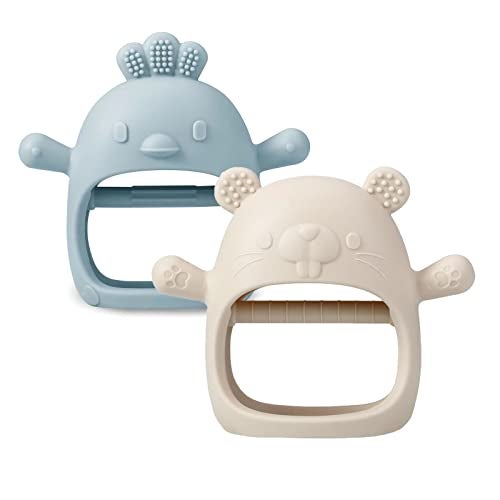 PandaEar 2 Pack Silicone Teething Toys | Baby Teether Mitten & Hand Pacifier for Soothing Teething Pain Relief (White/Blue) - Image 1