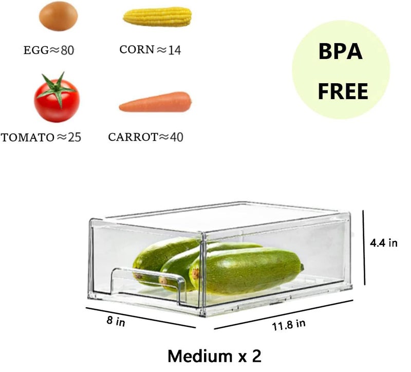 MANO مانو 2Pack درج ثلاجة شفاف قابل للسحب وقابل للتكديس منظم صناديق تخزين المطبخ والحمام والمكتب والخزانة (كبير) - Image 5