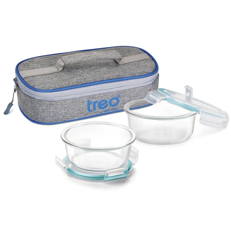 TREO by Milton All Fresh Round Glass Lunch Boxes, Set of 2 (400 ml Each) with Lunch Bag, Microwave & Dishwasher Safe, Leak Proof Containers, Borosilicate Glass, Office Tiffin, Transparent - Image 2