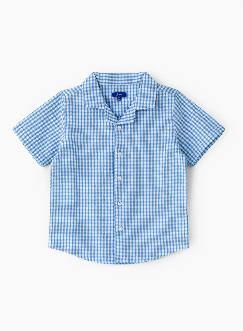 جام قميص قطني كاروهات أزرق للأولاد