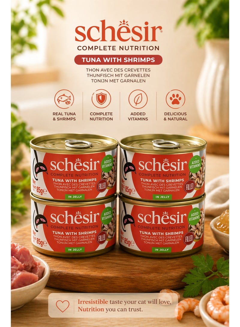 Schesir Complete Nutrition – Tuna with Shrimps in Jelly – Complete & Balanced Wet Cat Food – Added Vitamins – 4 × 85 g - Image 1