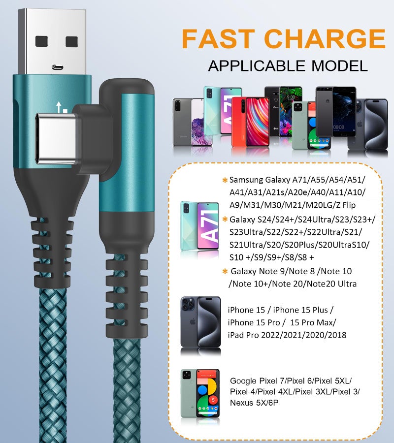 sweguard USB Type C Charger Cable Right Angle [2-Pack,6.6FT] 3.1A Nylon Braided Cord for iPhone 17 16 15 Pro Max Plus iPhone Air Samsung Galaxy S25 S24 S23 S22 S21 S20 Note 20 A15 Flip Pixel LG Moto - Image 2