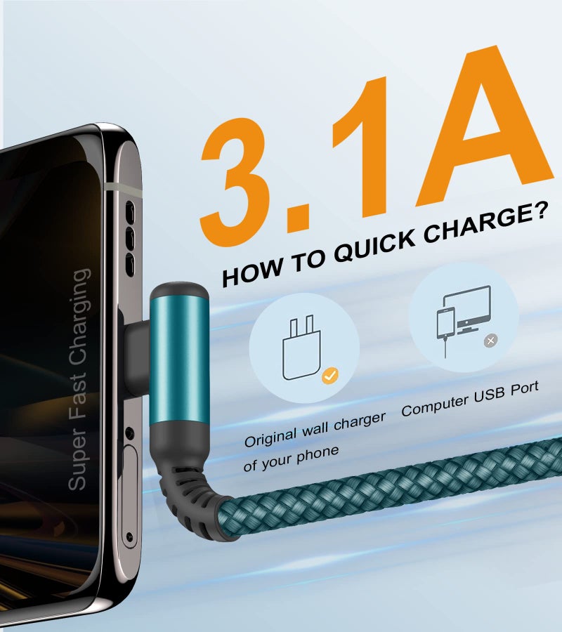 sweguard USB Type C Charger Cable Right Angle [2-Pack,6.6FT] 3.1A Nylon Braided Cord for iPhone 17 16 15 Pro Max Plus iPhone Air Samsung Galaxy S25 S24 S23 S22 S21 S20 Note 20 A15 Flip Pixel LG Moto - Image 3
