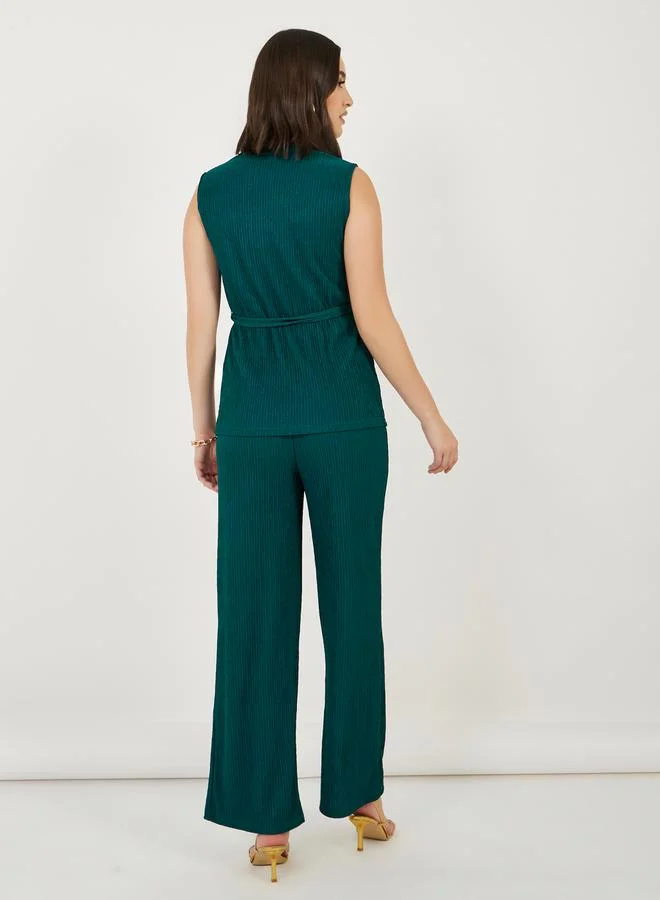 Styli Crinkle Knit Sleeveless Top & Straight Leg Pants Co-Ords