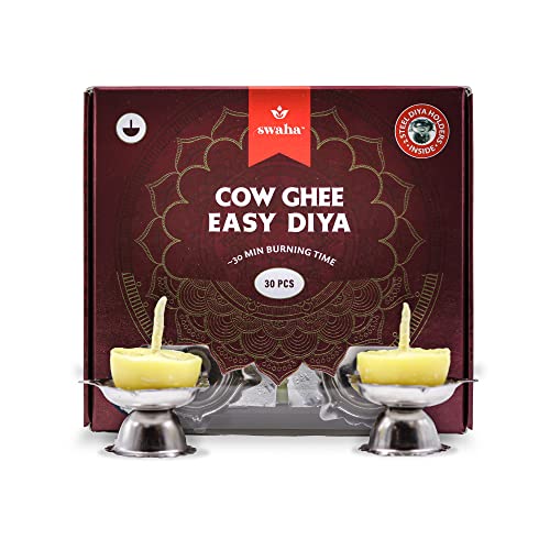 Swaha Cow Ghee Diya Gift Box - 30 Ghee Wicks & 2 Steel Diyas | 30min Burning Time | Wax Free Cow ghee Diya for puja - Image 1