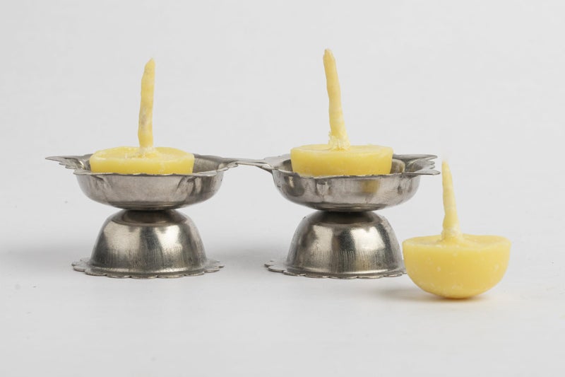 Swaha Cow Ghee Diya Gift Box - 30 Ghee Wicks & 2 Steel Diyas | 30min Burning Time | Wax Free Cow ghee Diya for puja - Image 2