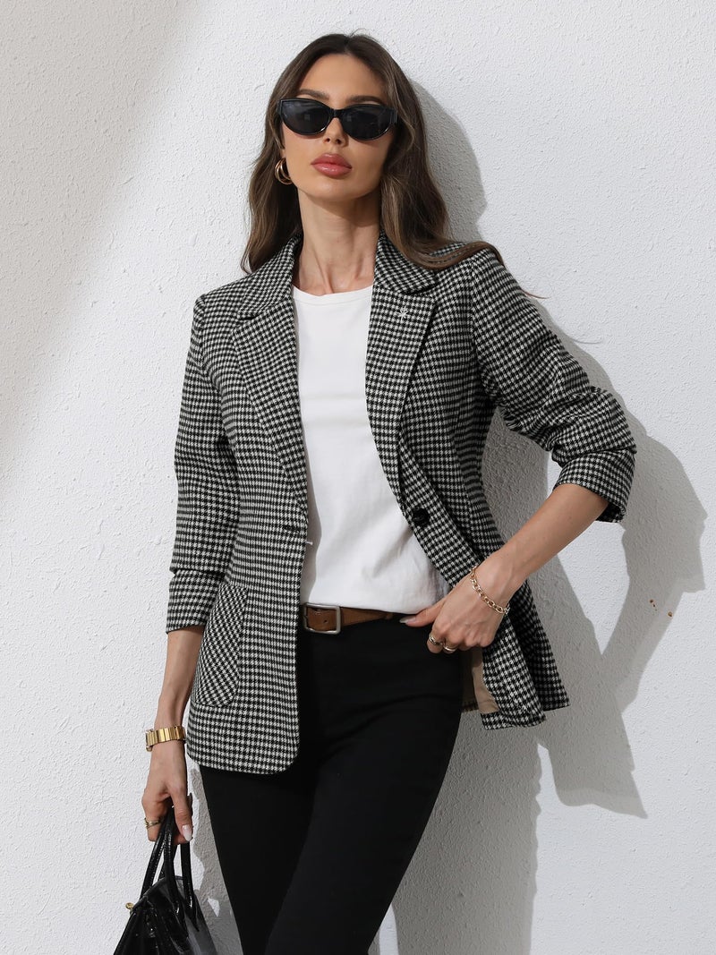 ELLEVEN Plaid Blazers for Women Business Casual Tweed Outfits One-Button Long Sleeve Boyfriend Suit Jacket Houndstooth Fall Work Office Dressy Professional Black Houndstooth XX-Large - Image 5