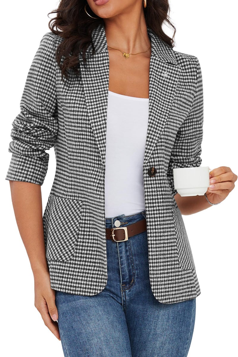 ELLEVEN Plaid Blazers for Women Business Casual Tweed Outfits One-Button Long Sleeve Boyfriend Suit Jacket Houndstooth Fall Work Office Dressy Professional Black Houndstooth XX-Large - Image 1