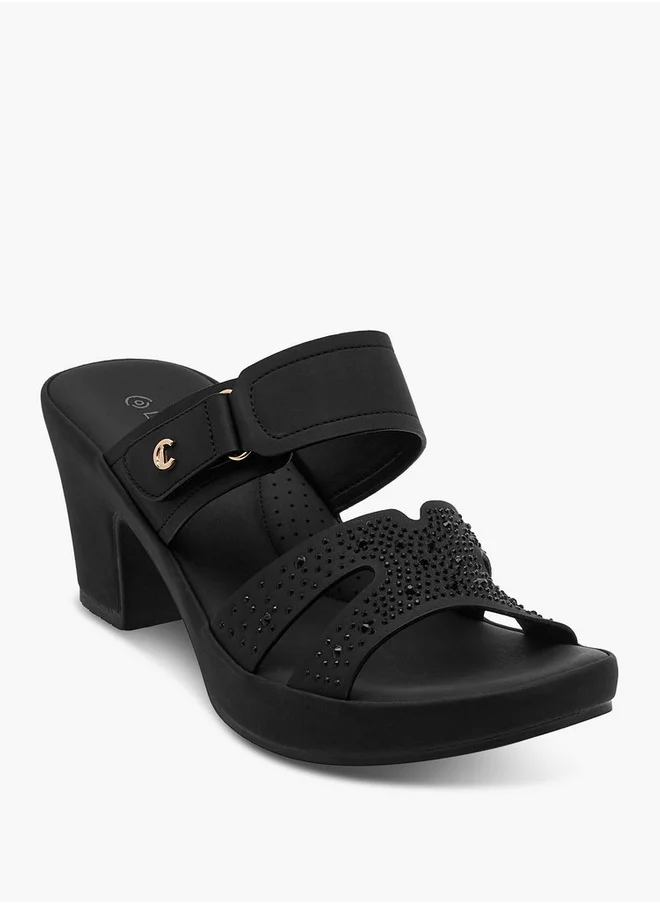 لو كونفورت Women's Embellished Slip-On Cross Strap Sandals with Block Heels